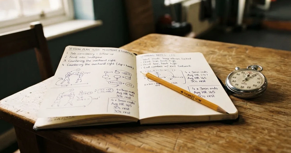 An open notebook with a pencil and a stopwatch on a wooden table