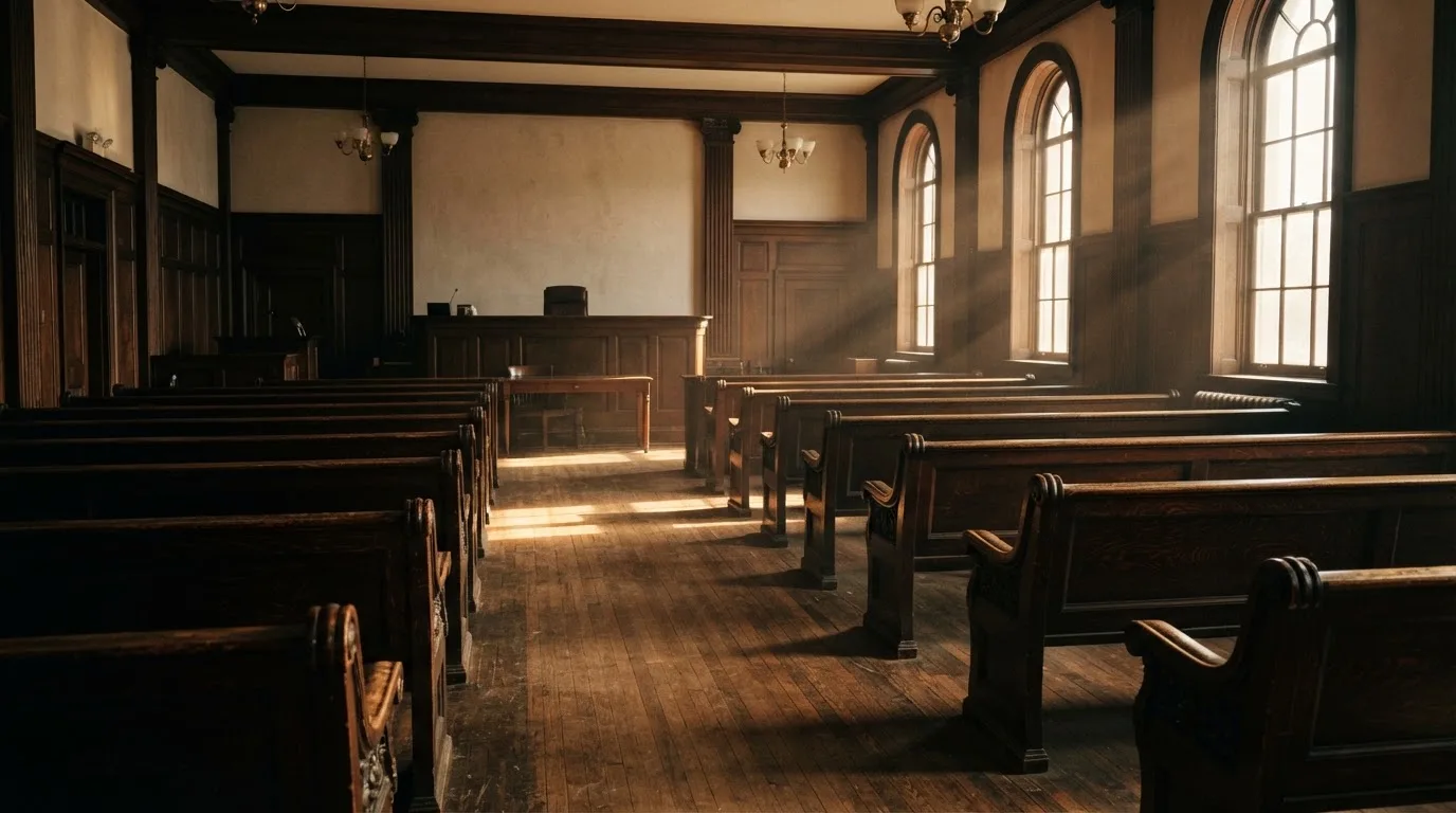 An empty courtroom with wooden benches in morning light