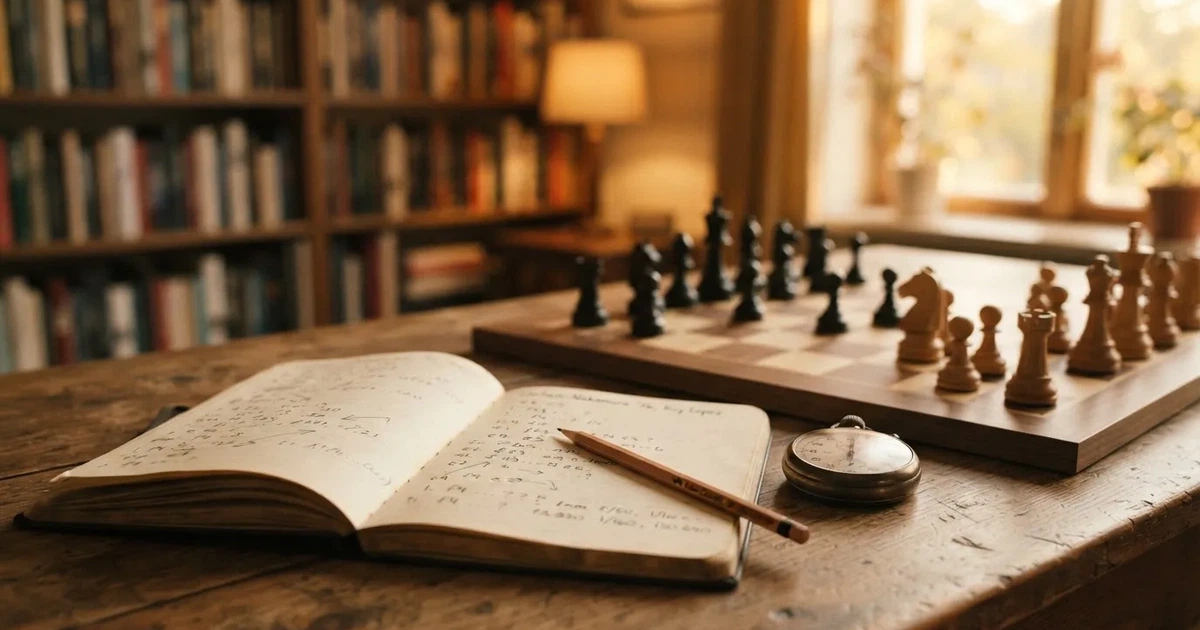 An open notebook with a pencil and a stopwatch on a wooden table