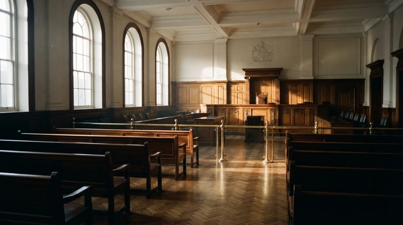 An empty courtroom with wooden benches in morning light