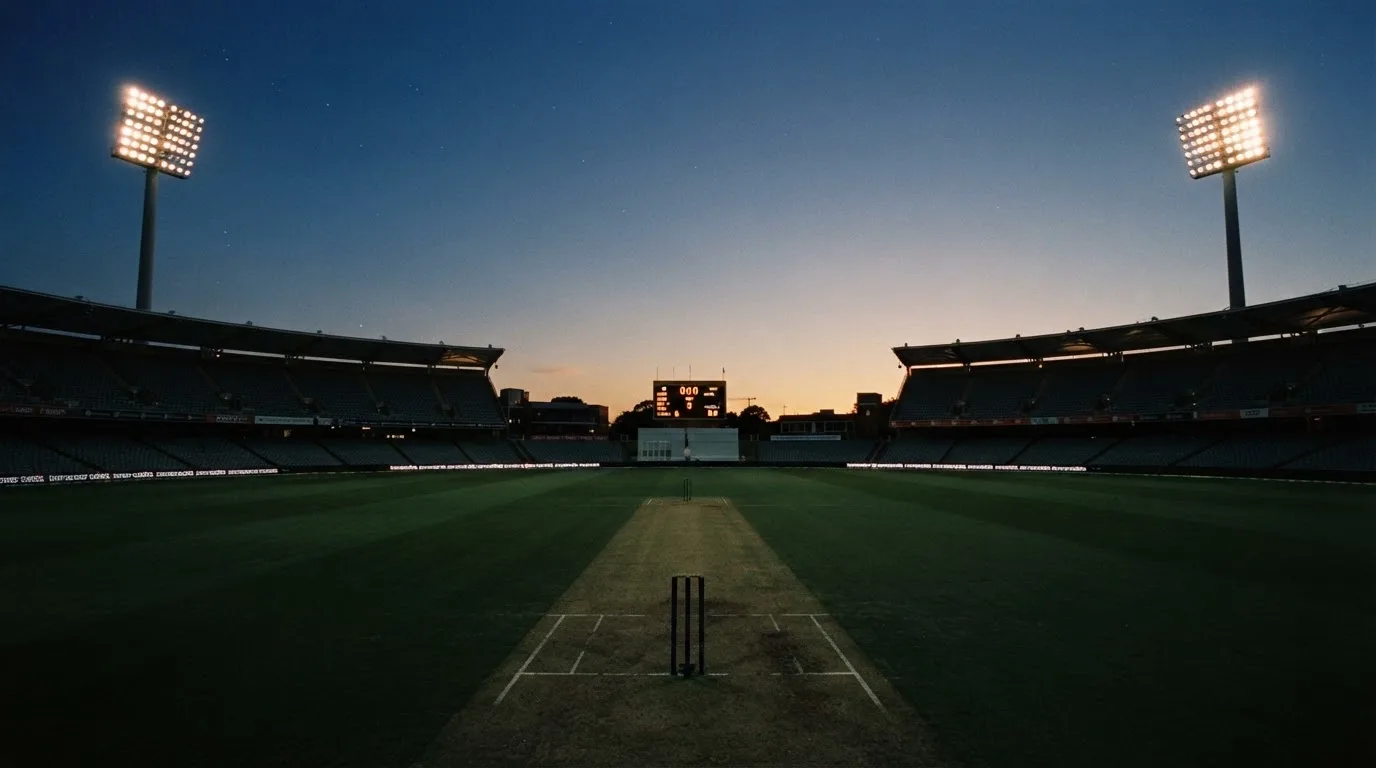An empty football stadium with floodlight masts at dusk