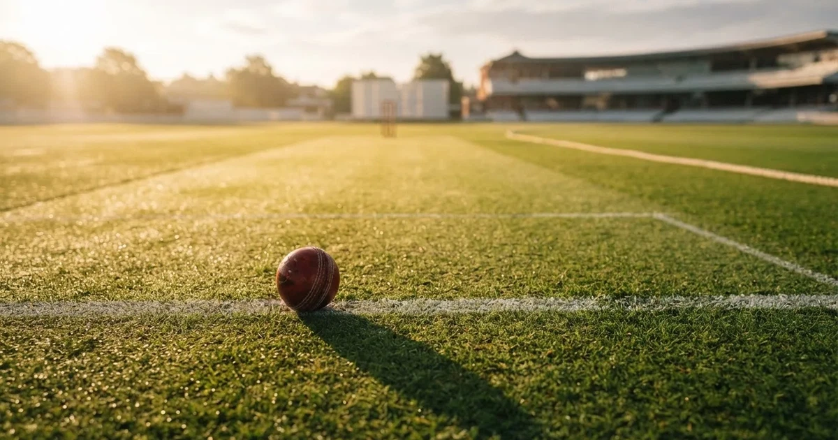 A ball on the centre spot of a grass pitch in morning light