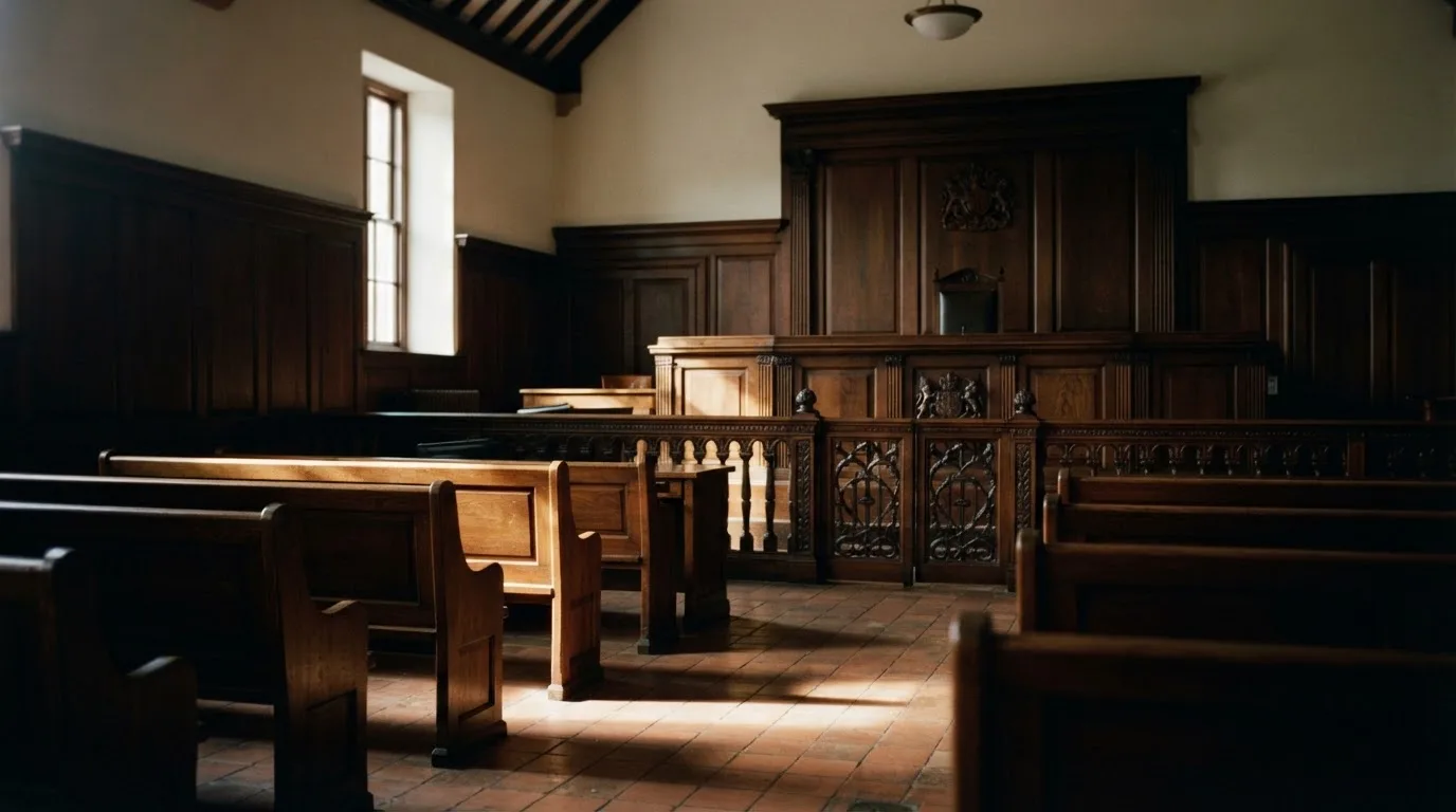 An empty courtroom with wooden benches in morning light
