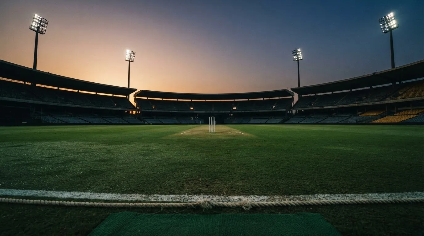 An empty football stadium with floodlight masts at dusk