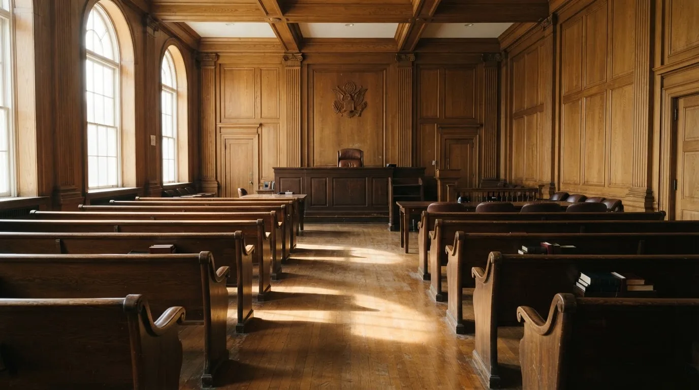 An empty courtroom with wooden benches in morning light