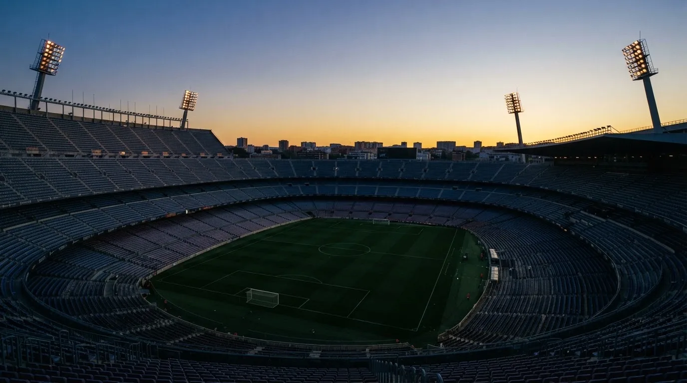 An empty football stadium with floodlight masts at dusk