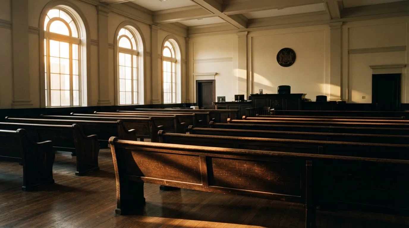 An empty courtroom with wooden benches in morning light