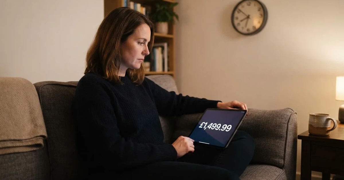 A person on a sofa looking thoughtfully at a tablet, a wall clock in the background