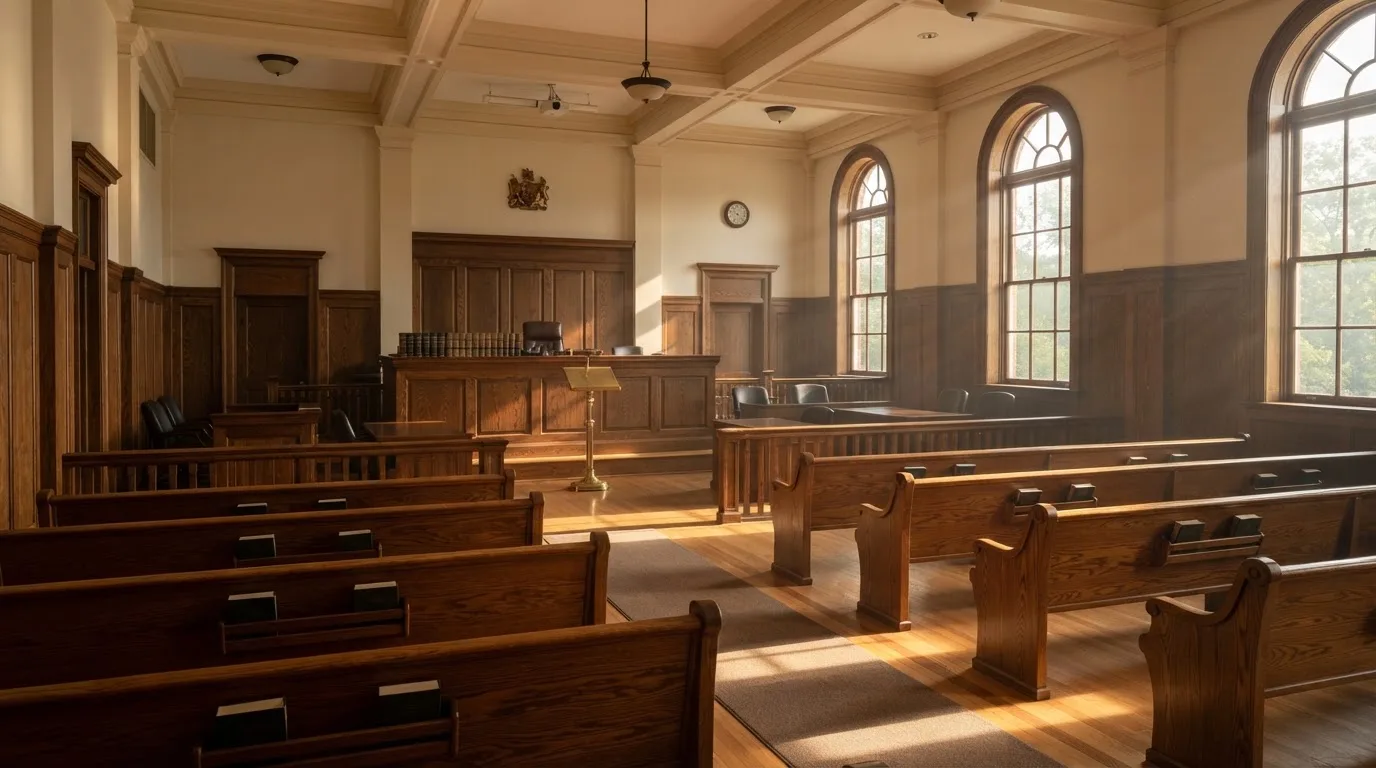 An empty courtroom with wooden benches in morning light