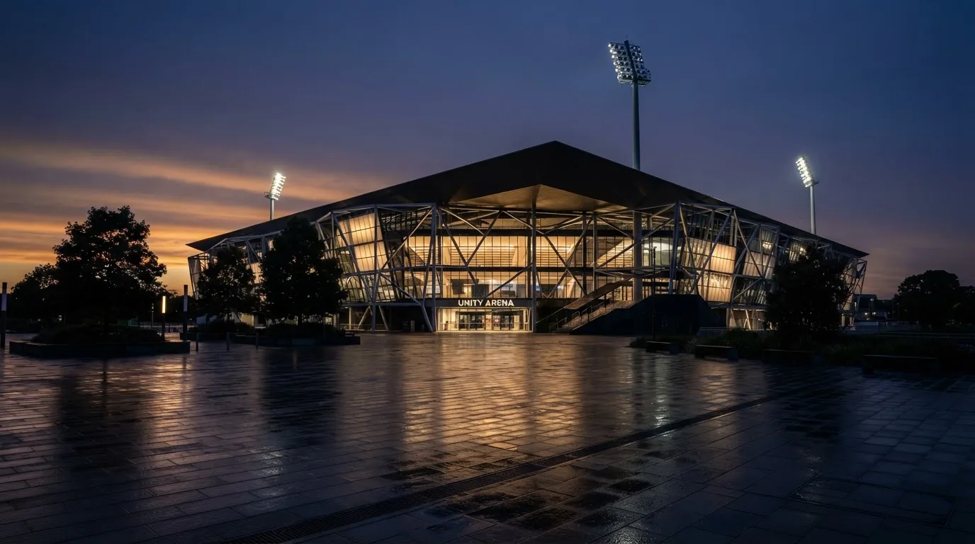 An empty football stadium with floodlight masts at dusk