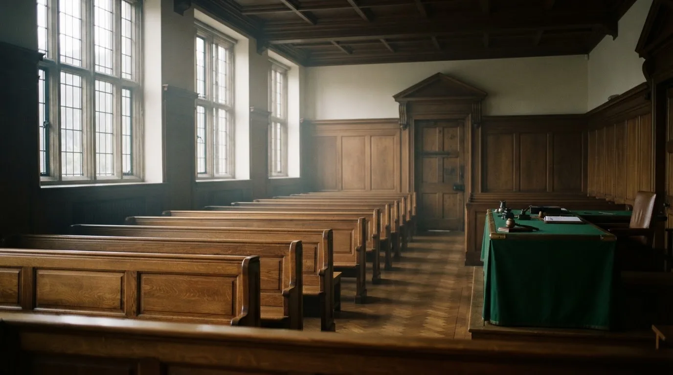 An empty courtroom with wooden benches in morning light