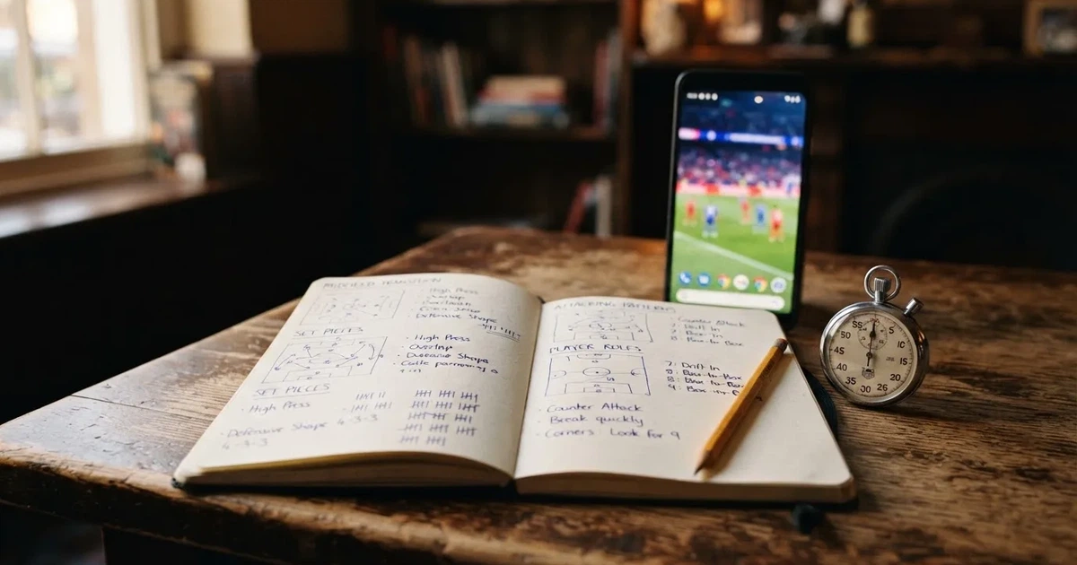 An open notebook with a pencil and a stopwatch on a wooden table