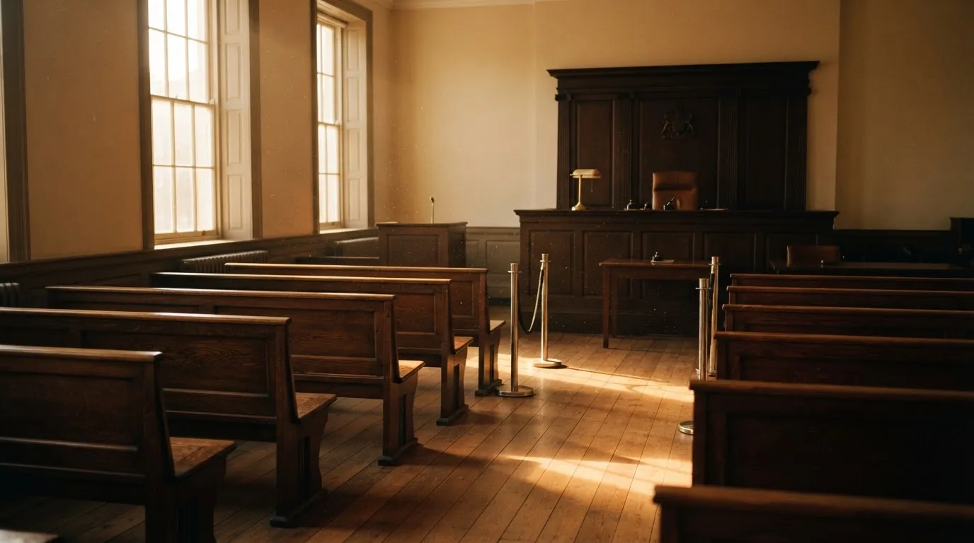 An empty courtroom with wooden benches in morning light