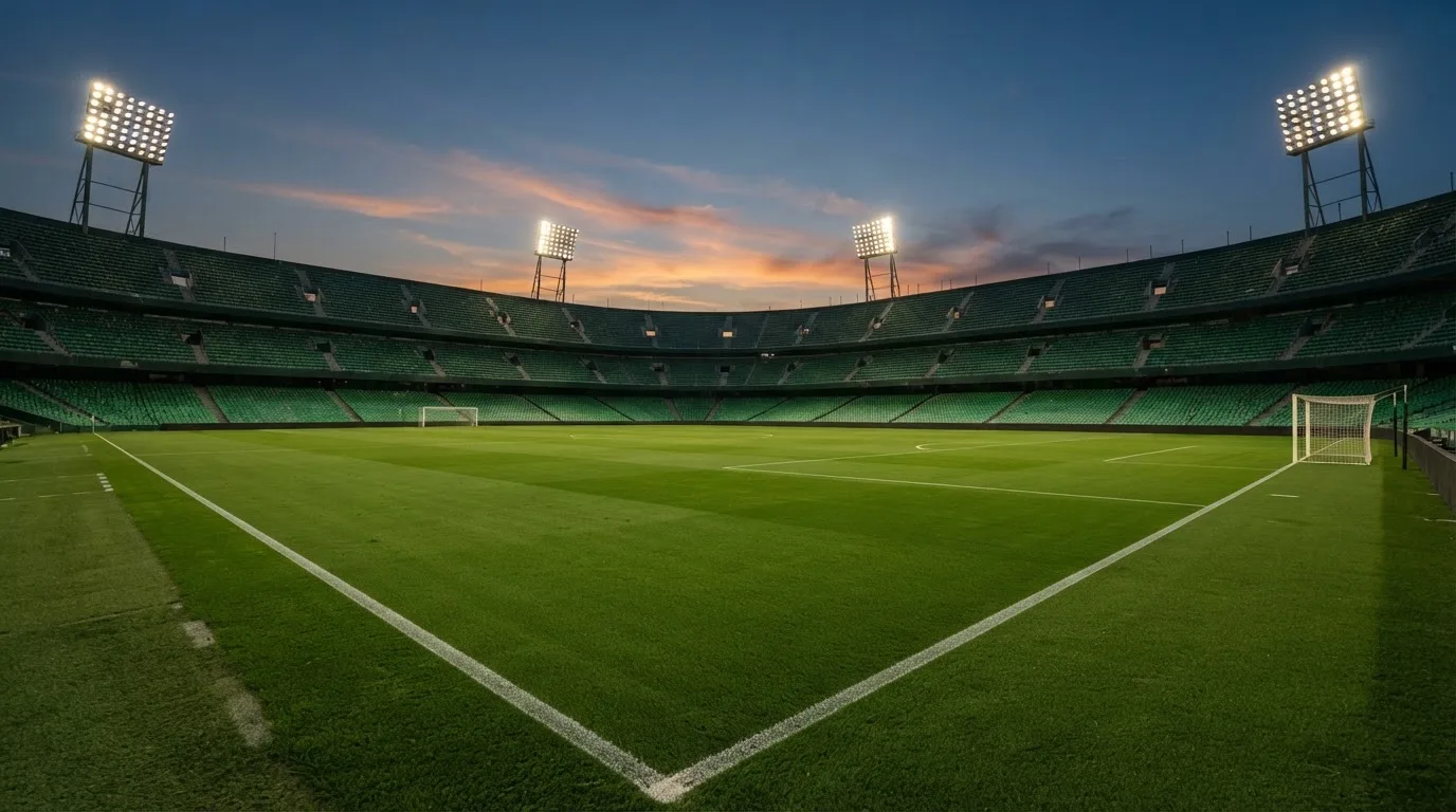 An empty football stadium with floodlight masts at dusk