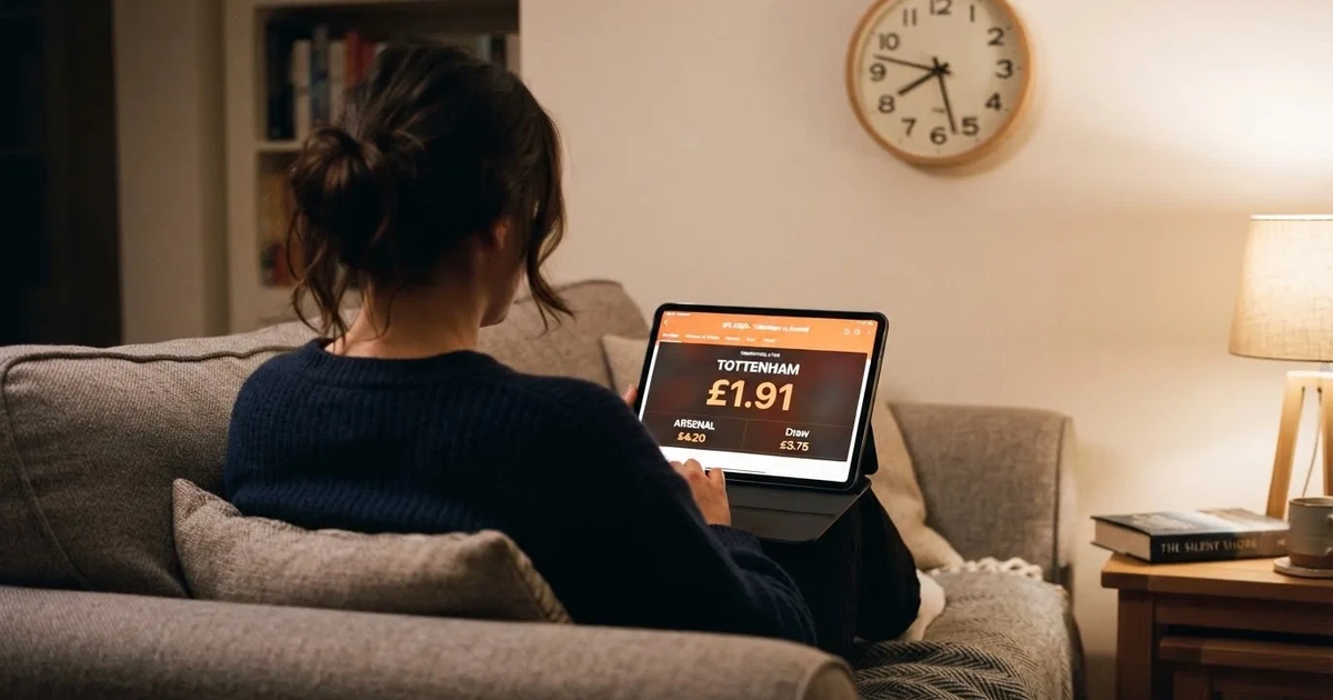 A person on a sofa looking thoughtfully at a tablet, a wall clock in the background