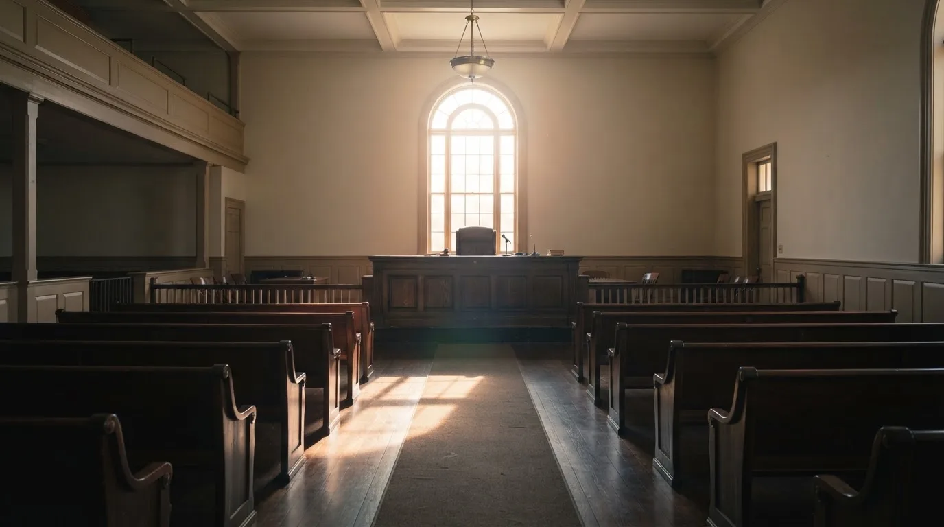 An empty courtroom with wooden benches in morning light