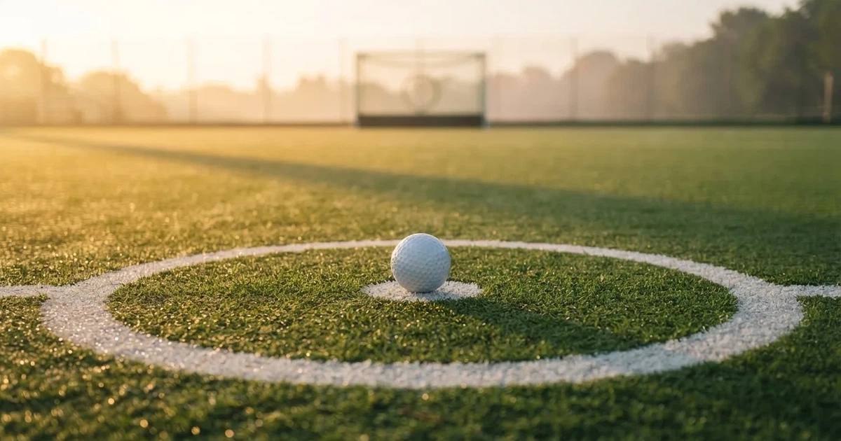 A ball on the centre spot of a grass pitch in morning light
