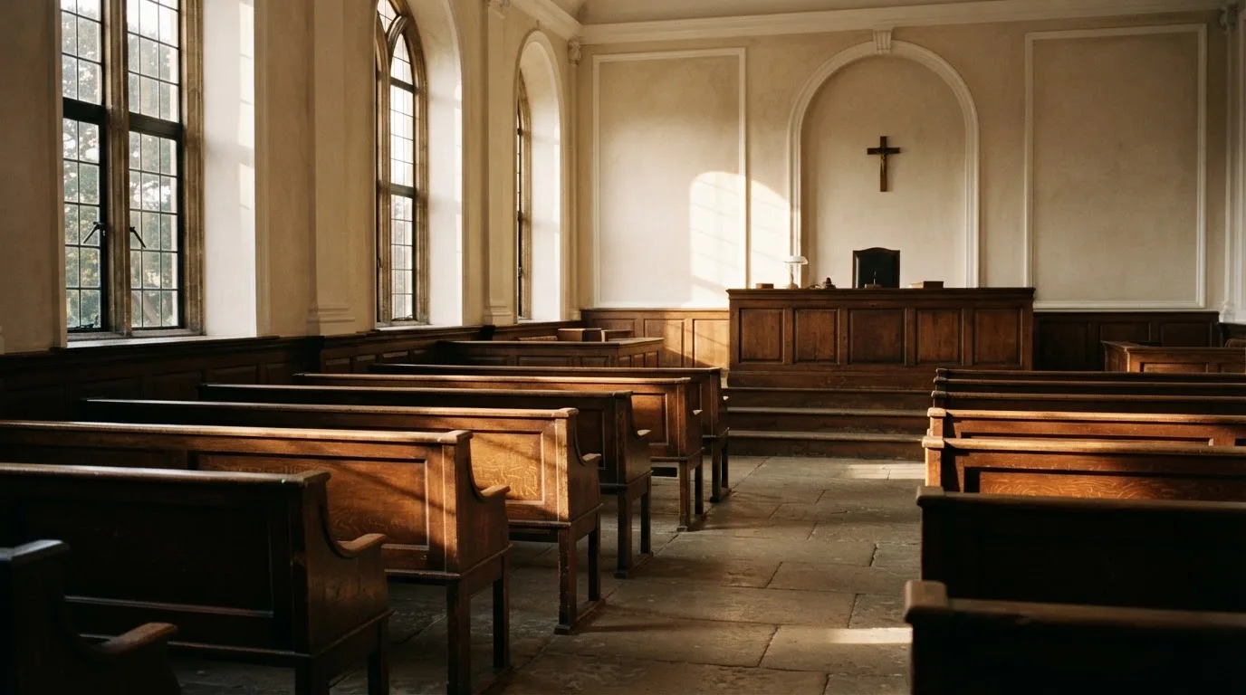 An empty courtroom with wooden benches in morning light