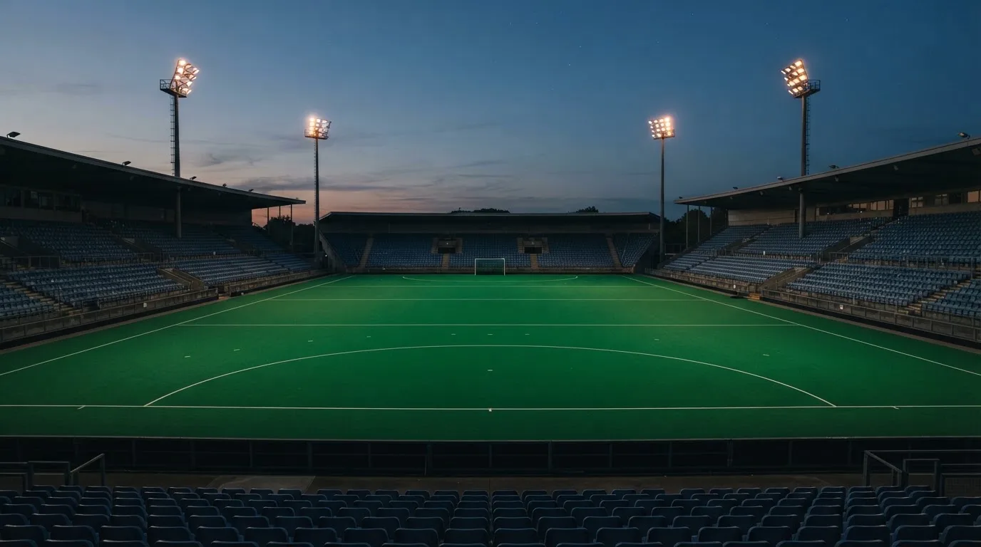 An empty football stadium with floodlight masts at dusk