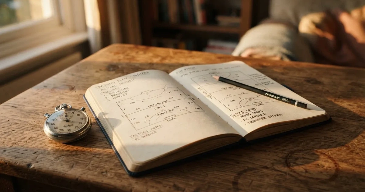 An open notebook with a pencil and a stopwatch on a wooden table