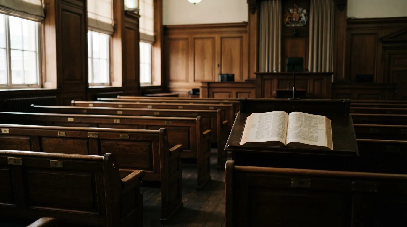 An empty courtroom with wooden benches in morning light