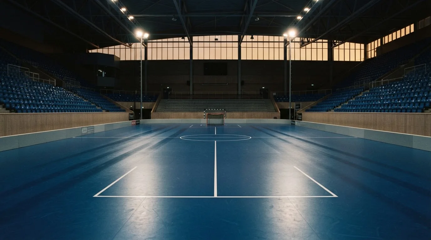 An empty football stadium with floodlight masts at dusk