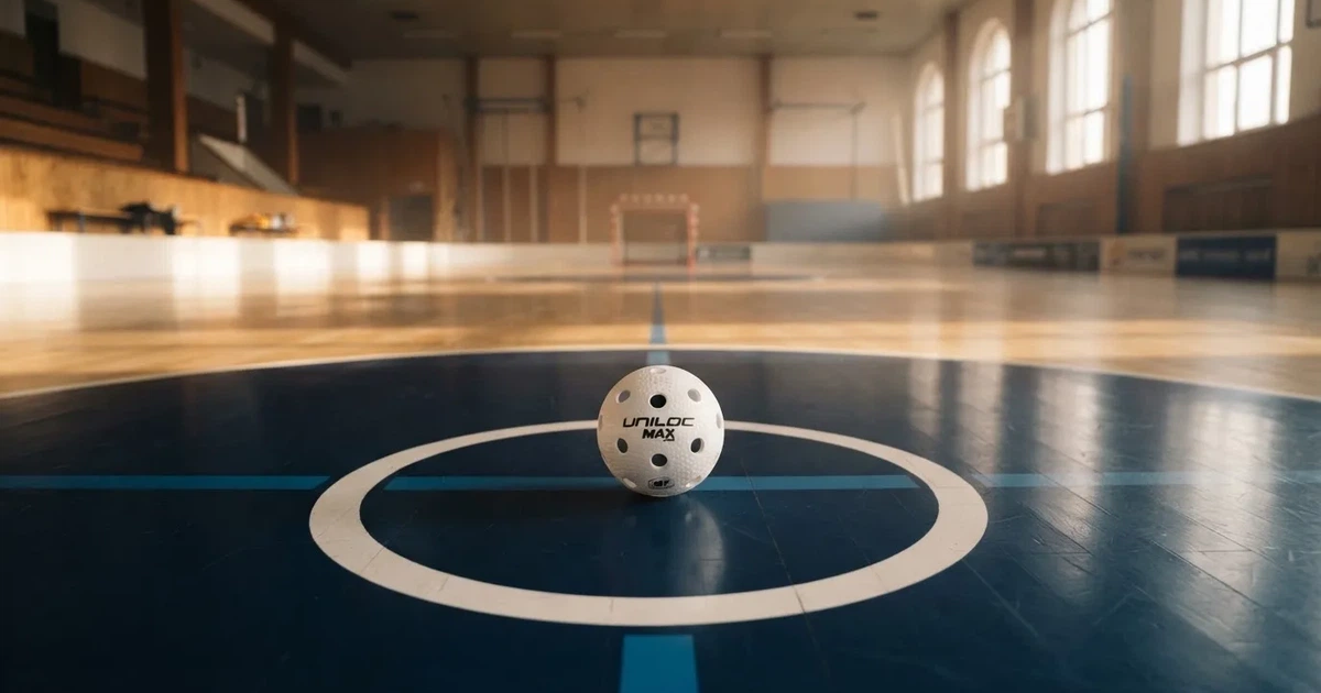 A ball on the centre spot of a grass pitch in morning light