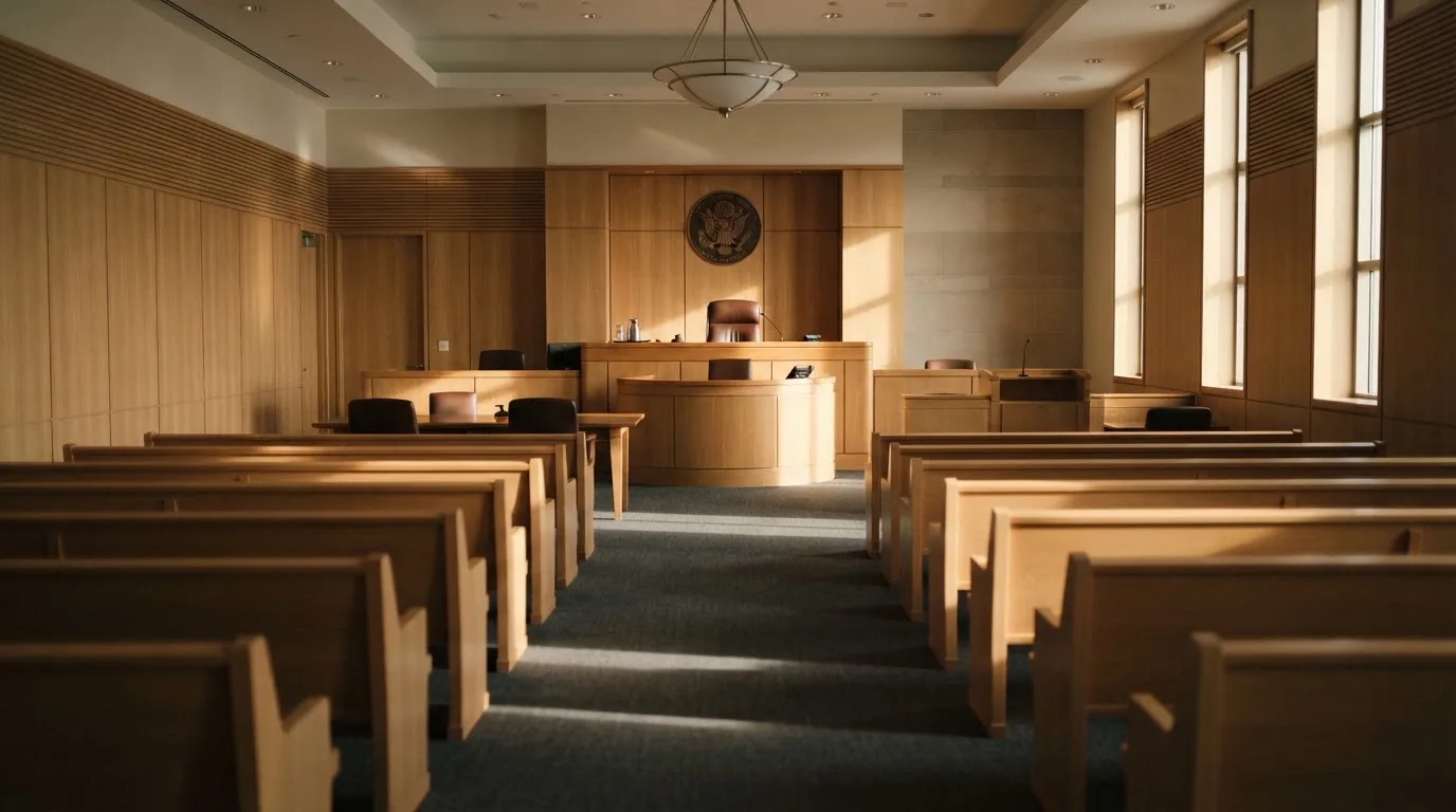 An empty courtroom with wooden benches in morning light