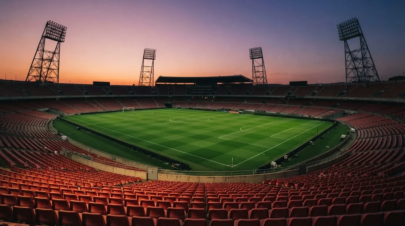 An empty football stadium with floodlight masts at dusk