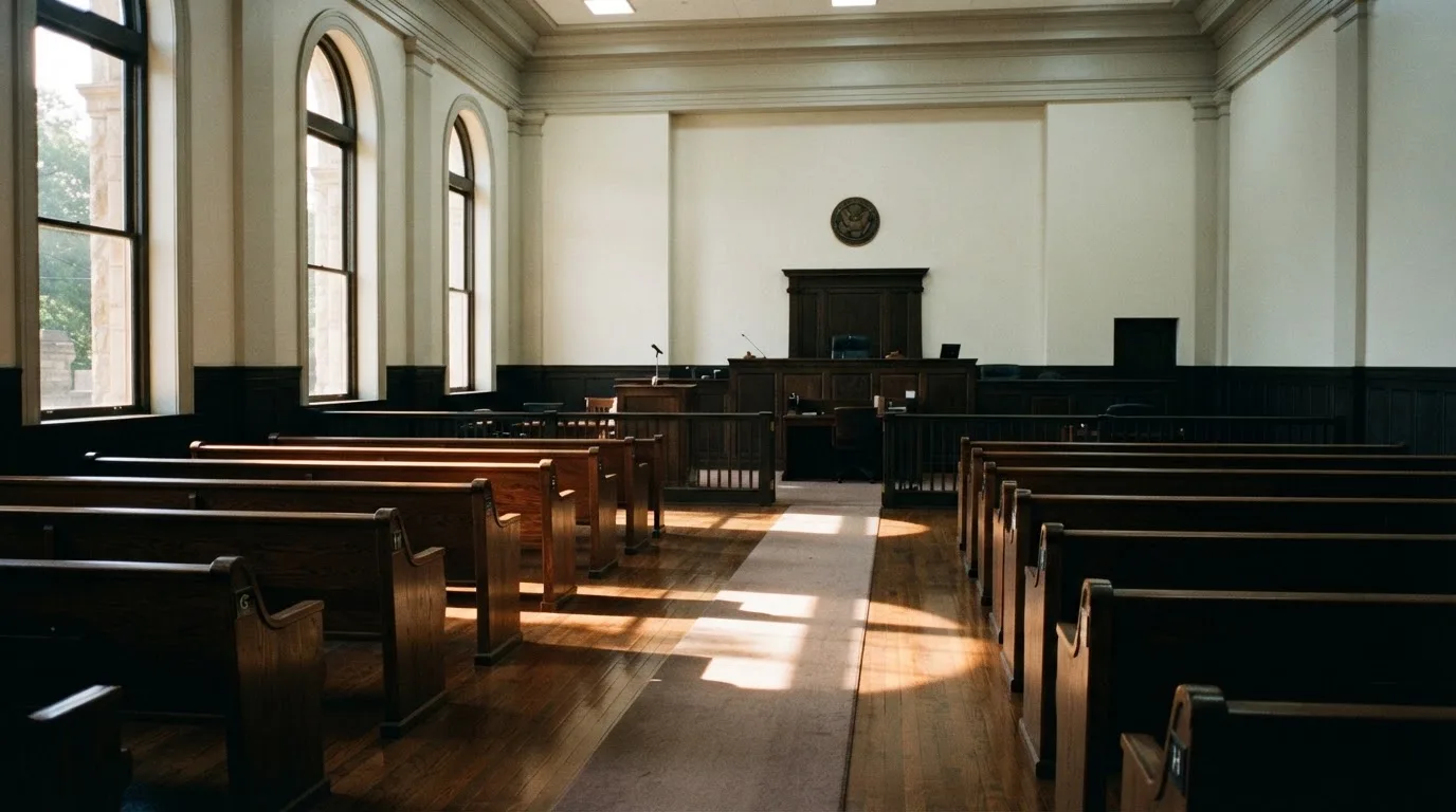An empty courtroom with wooden benches in morning light