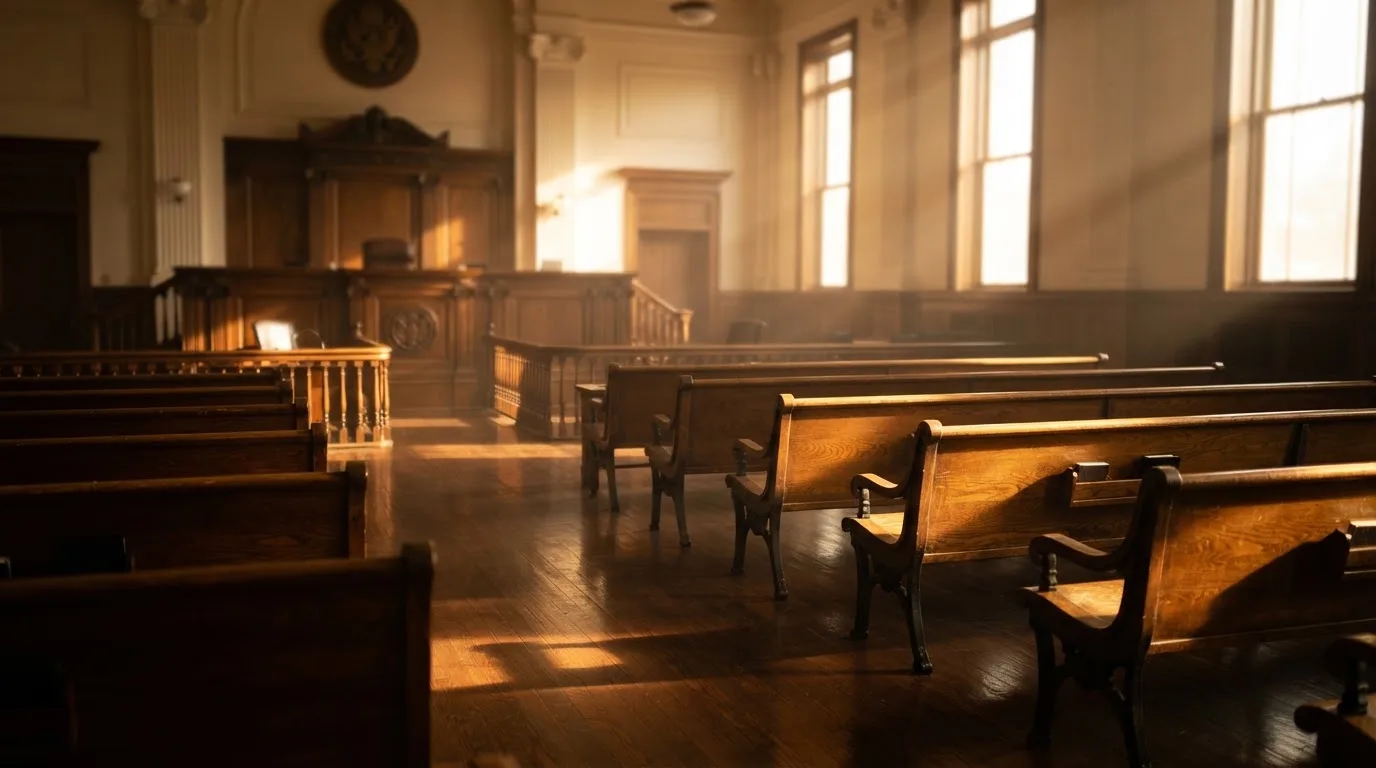 An empty courtroom with wooden benches in morning light
