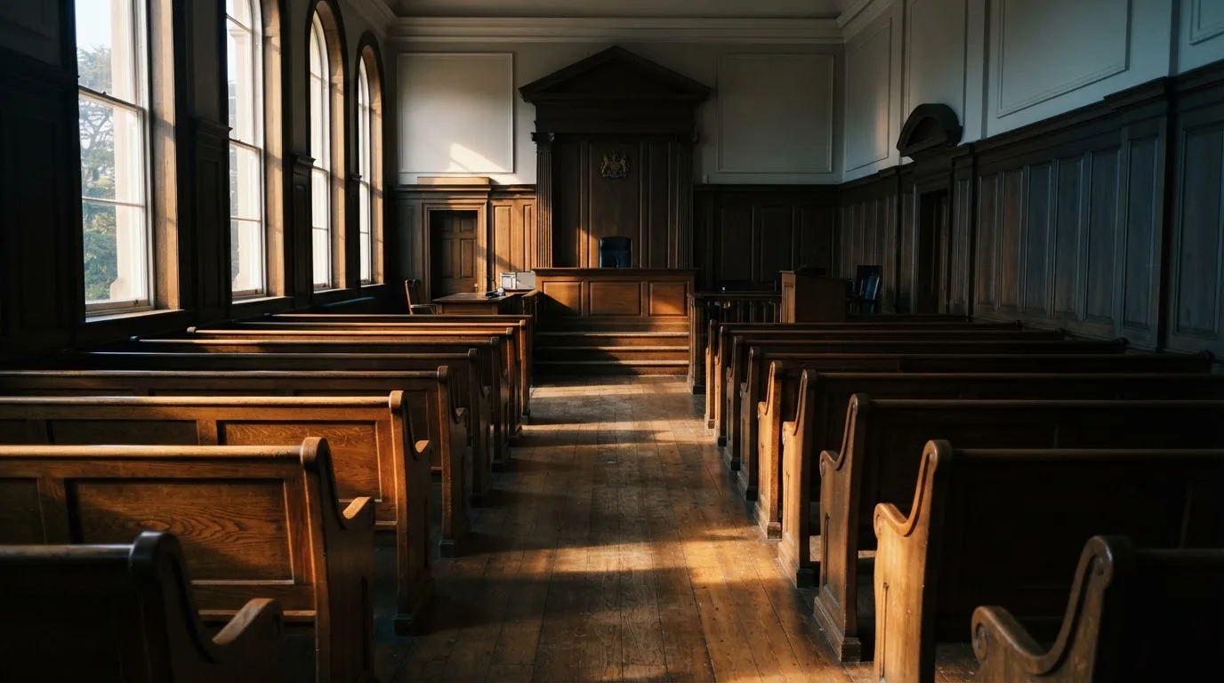 An empty courtroom with wooden benches in morning light