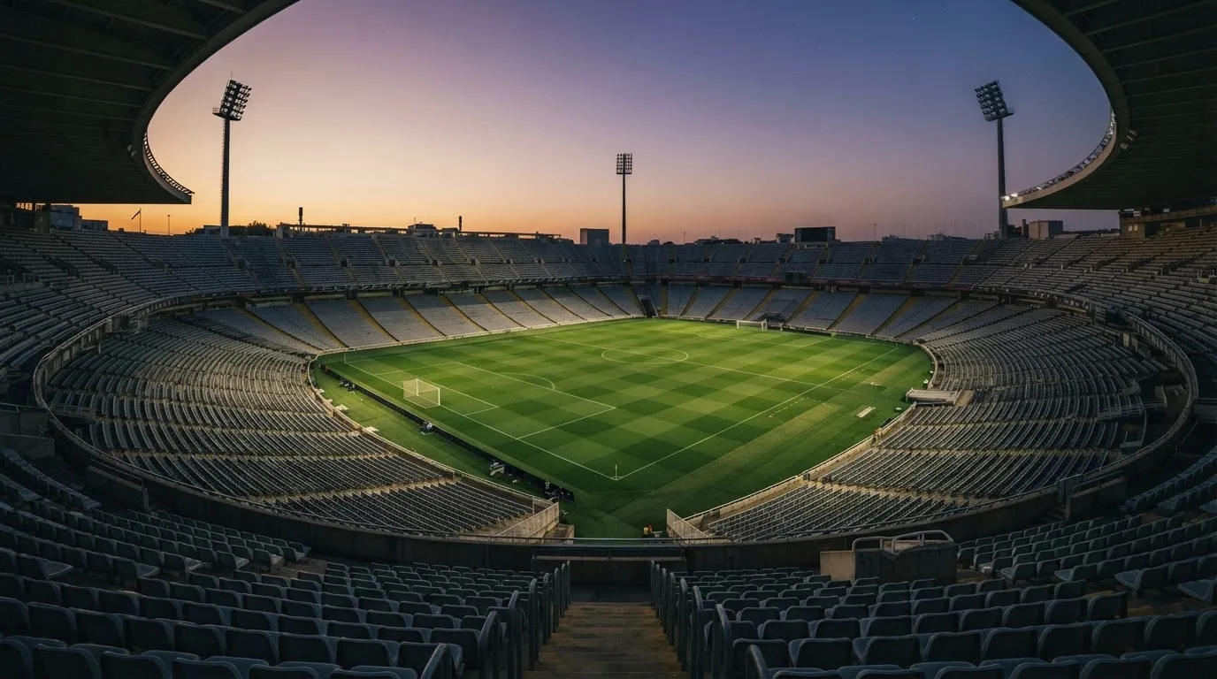 An empty football stadium with floodlight masts at dusk