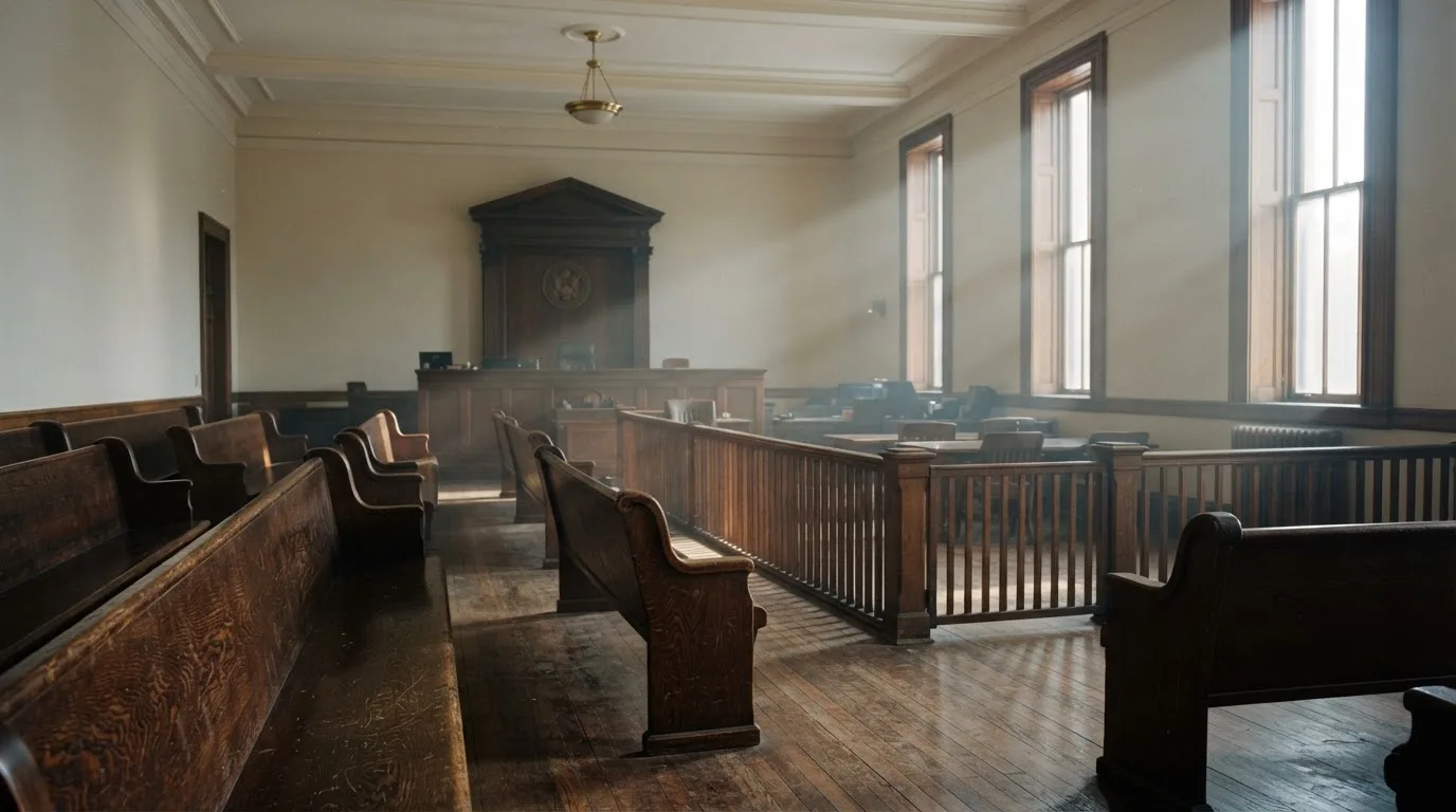 An empty courtroom with wooden benches in morning light