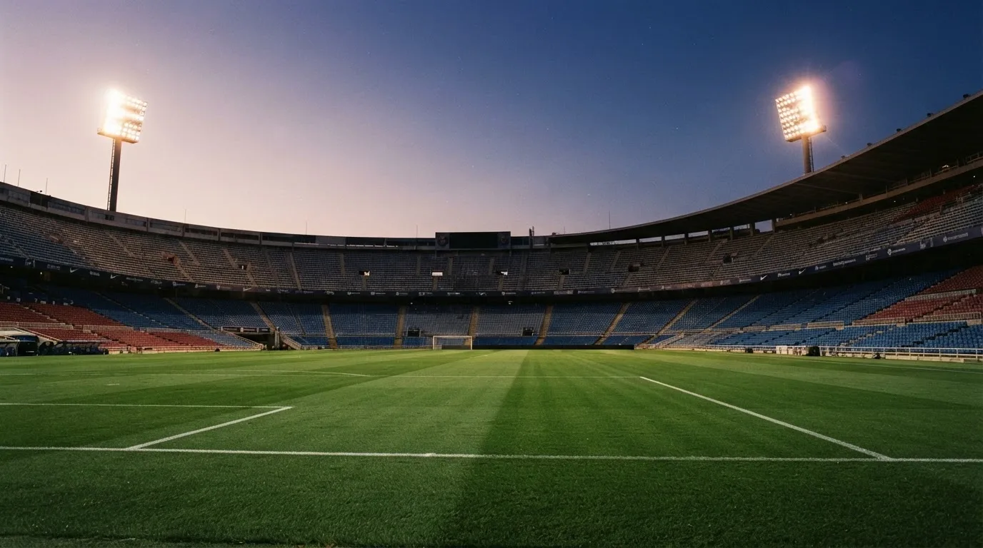 An empty football stadium with floodlight masts at dusk