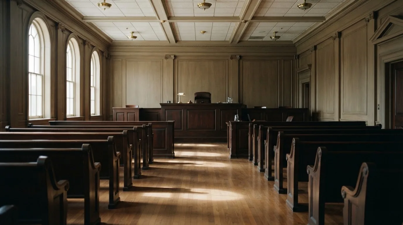 An empty courtroom with wooden benches in morning light