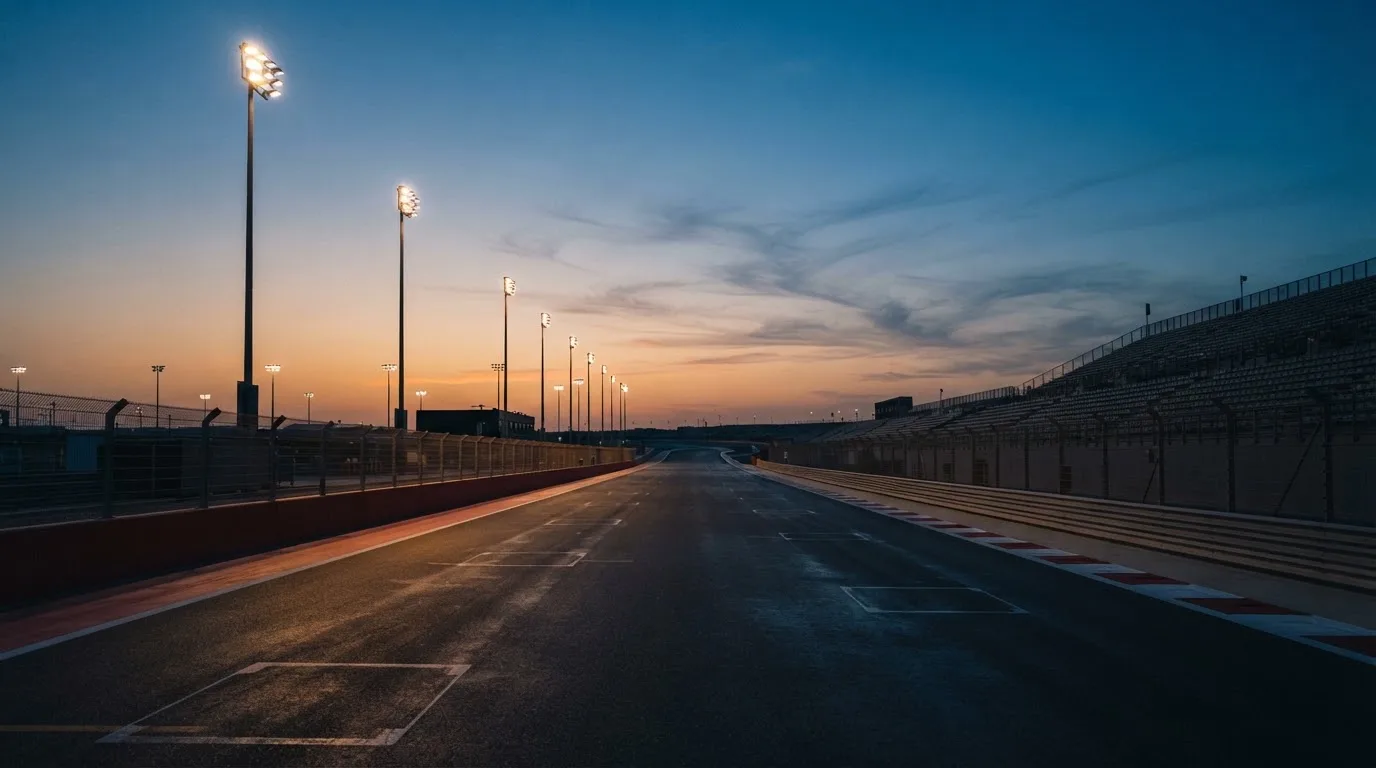 An empty football stadium with floodlight masts at dusk