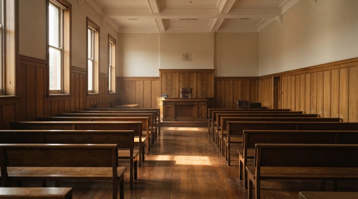 An empty courtroom with wooden benches in morning light