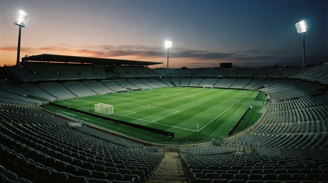 An empty football stadium with floodlight masts at dusk
