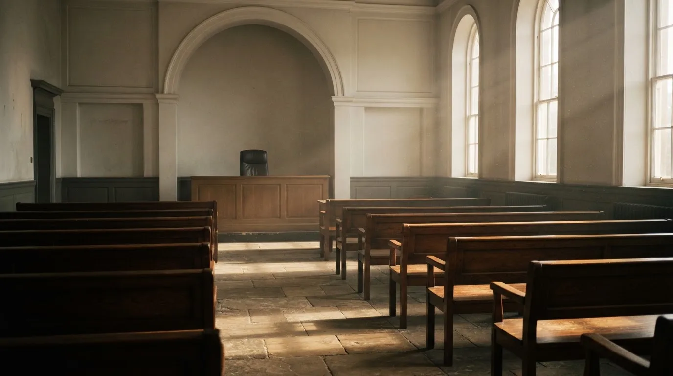 An empty courtroom with wooden benches in morning light