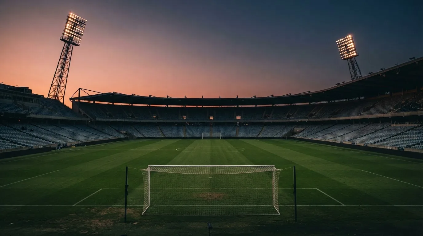 An empty football stadium with floodlight masts at dusk