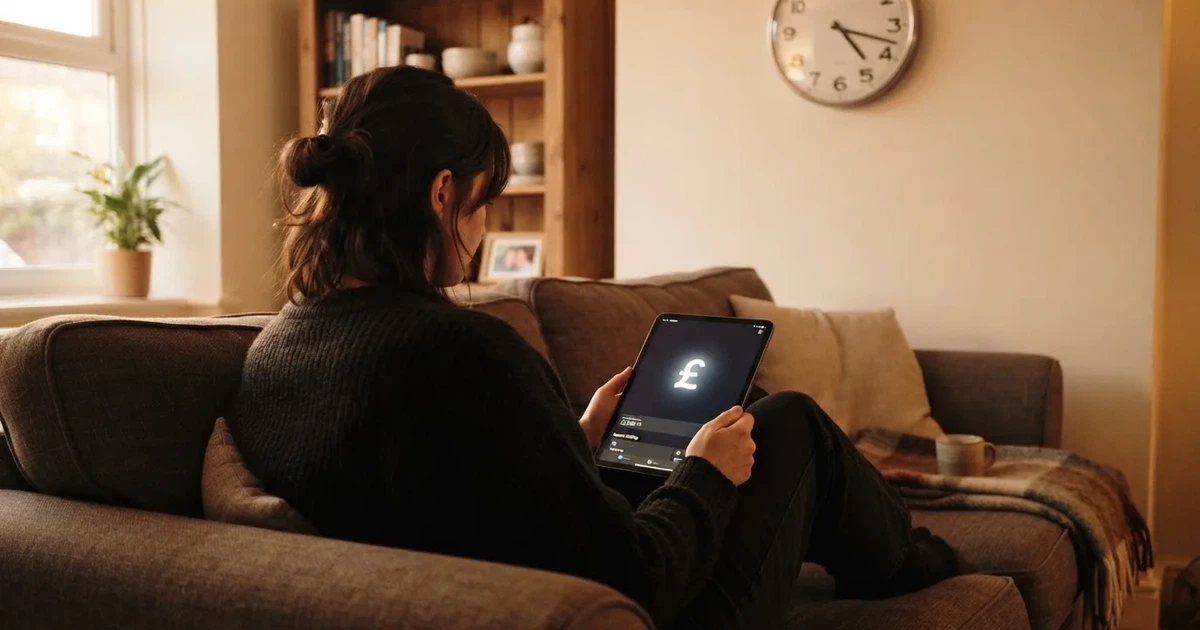 A person on a sofa looking thoughtfully at a tablet, a wall clock in the background