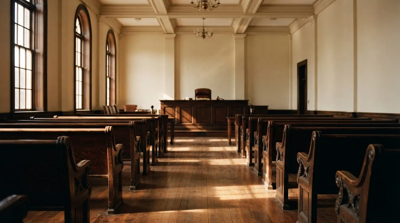 An empty courtroom with wooden benches in morning light