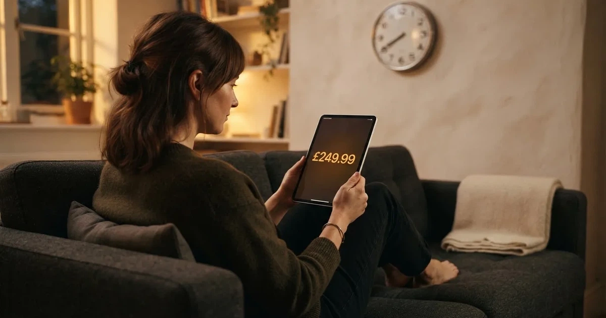 A person on a sofa looking thoughtfully at a tablet, a wall clock in the background