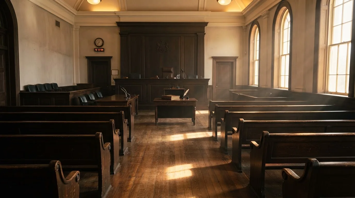 An empty courtroom with wooden benches in morning light