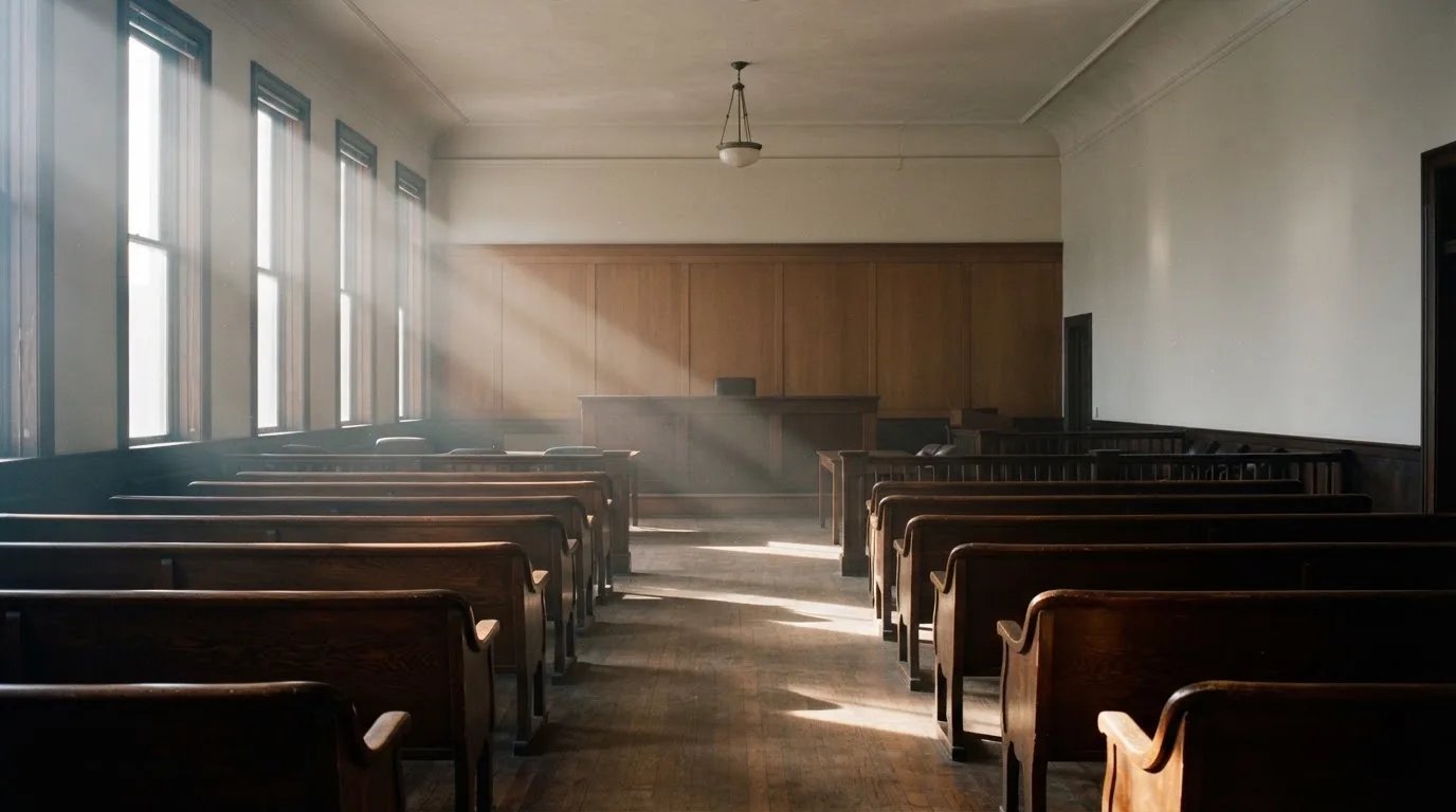 An empty courtroom with wooden benches in morning light