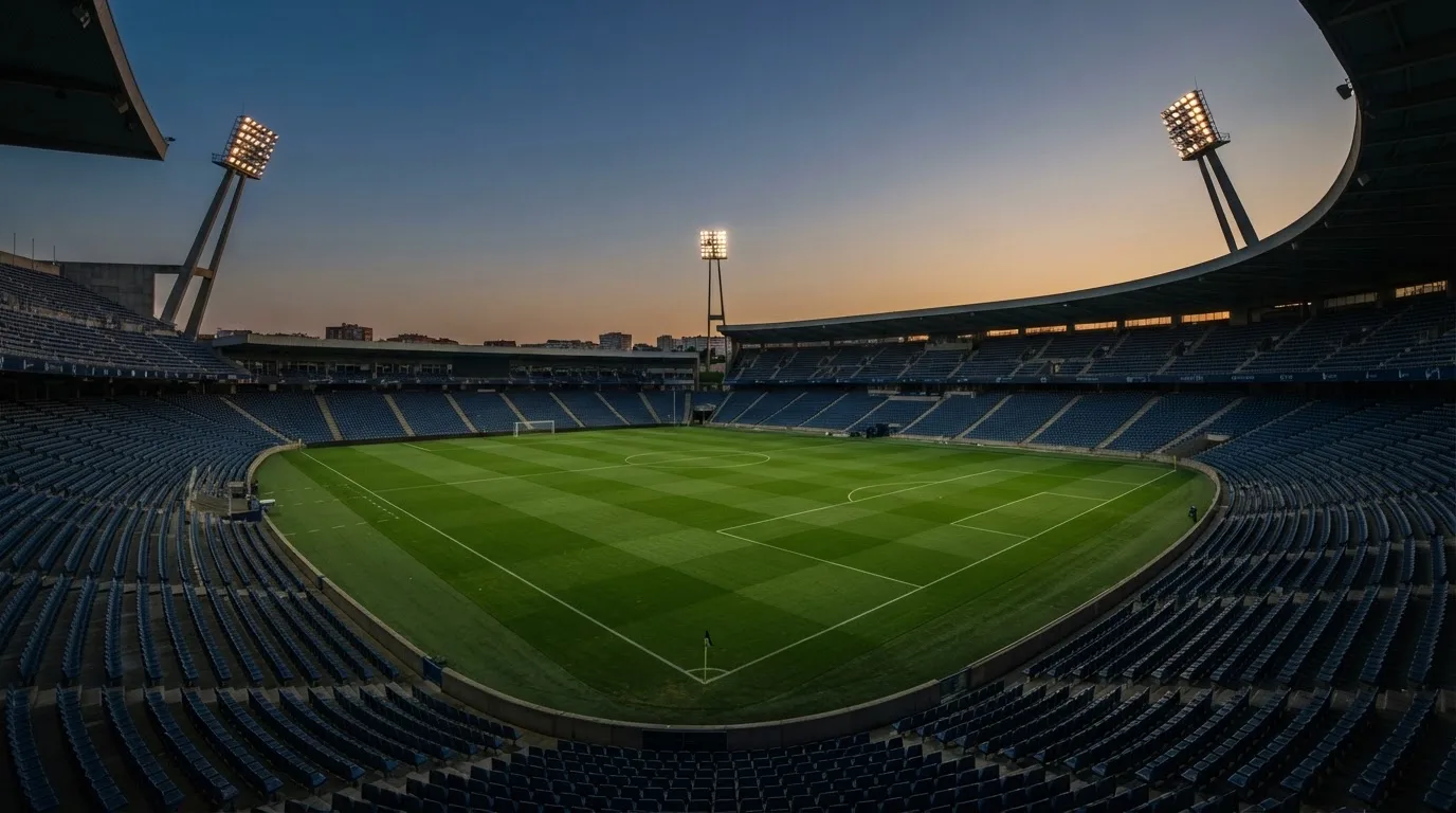 An empty football stadium with floodlight masts at dusk