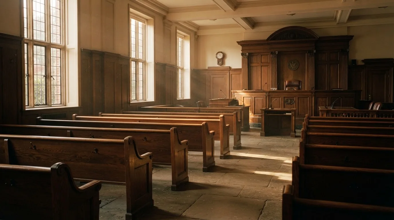 An empty courtroom with wooden benches in morning light