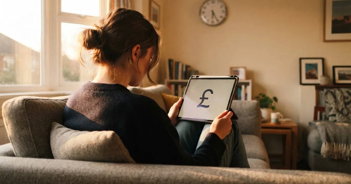 A person on a sofa looking thoughtfully at a tablet, a wall clock in the background