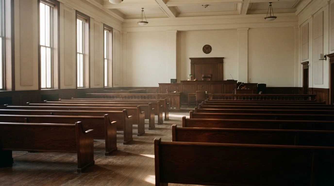 An empty courtroom with wooden benches in morning light